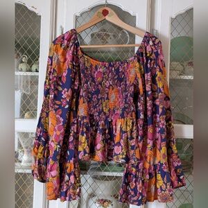 Angie Boho Floral Bell Sleeve Smocked Peasant Top - Multicolor Large